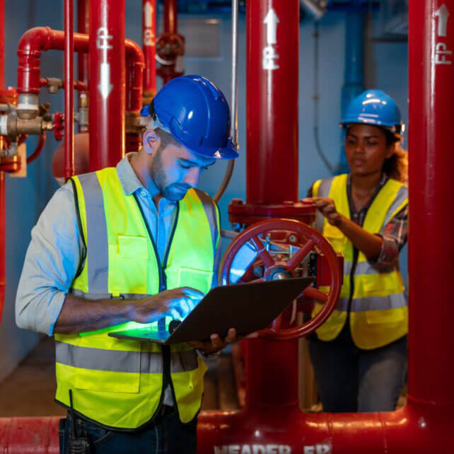 Workers in safety vests and helmets are inspecting red fire suppression valves in Phoenix, AZ