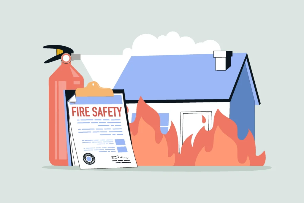 Infographic with fire safety tips: alarms, extinguishers, evacuation, electrical safety.